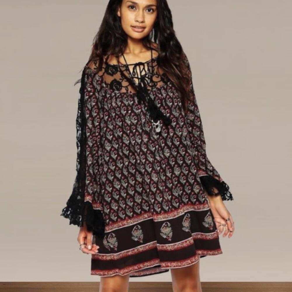 Free People Nomad Child Black Floral Lace Tunic Dress - Size - XS